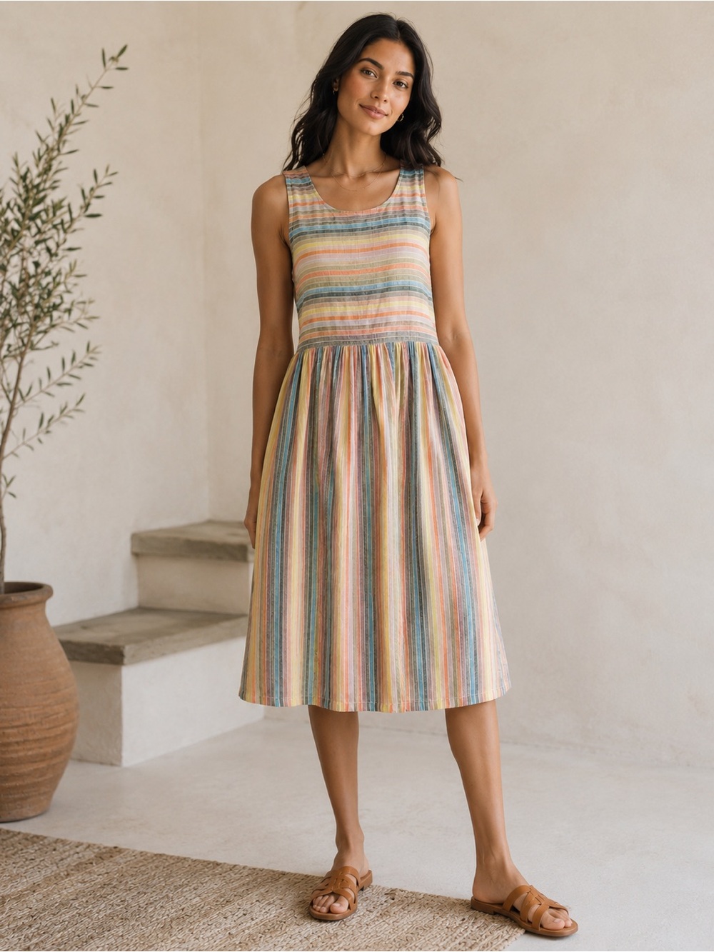 Ace & Jig Rainbow Striped Woven Cotton Midi Dress Hand Dyed MD